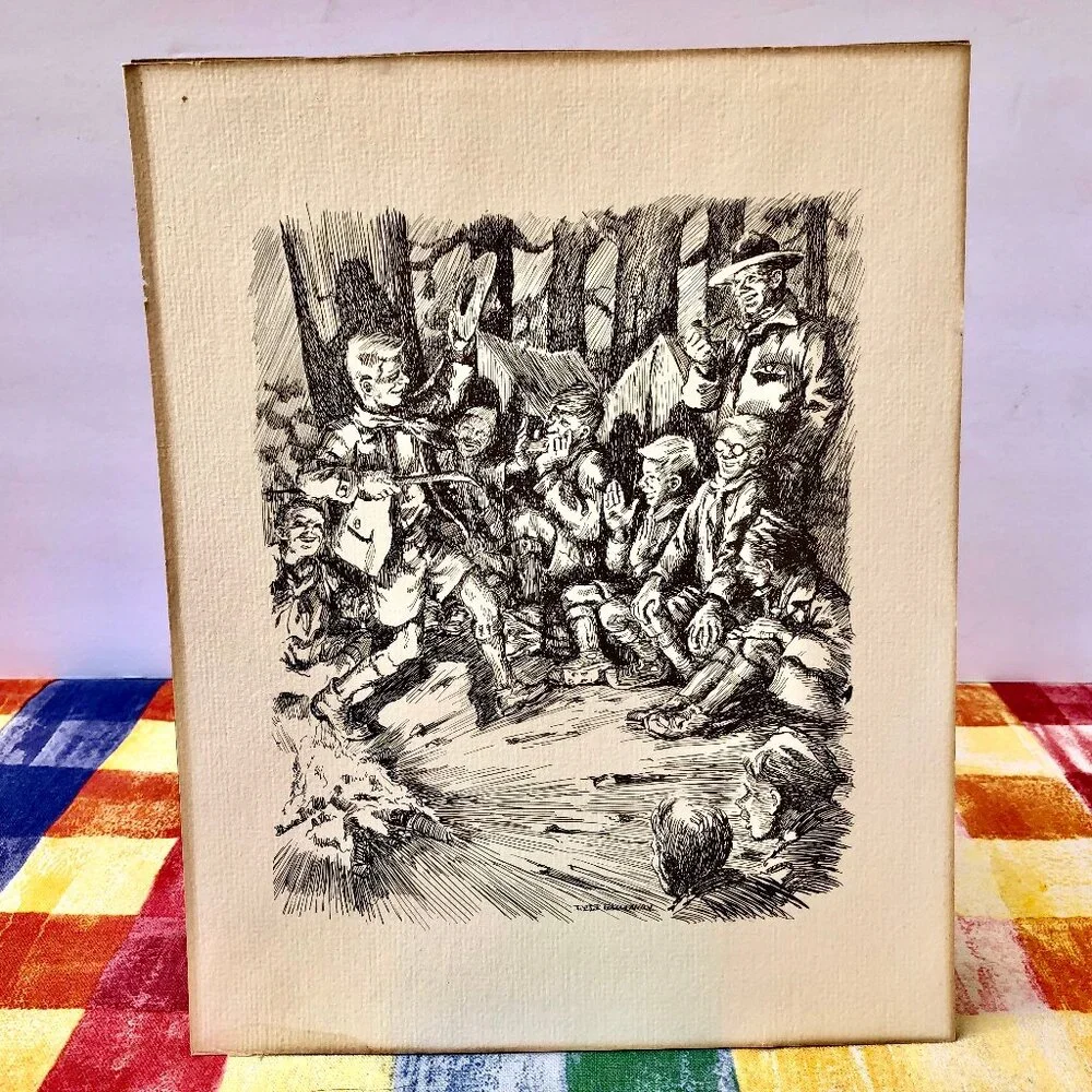 Vintage 1968 Lyle Galloway Pen & Ink Print Boy Scout Good Turn Days
